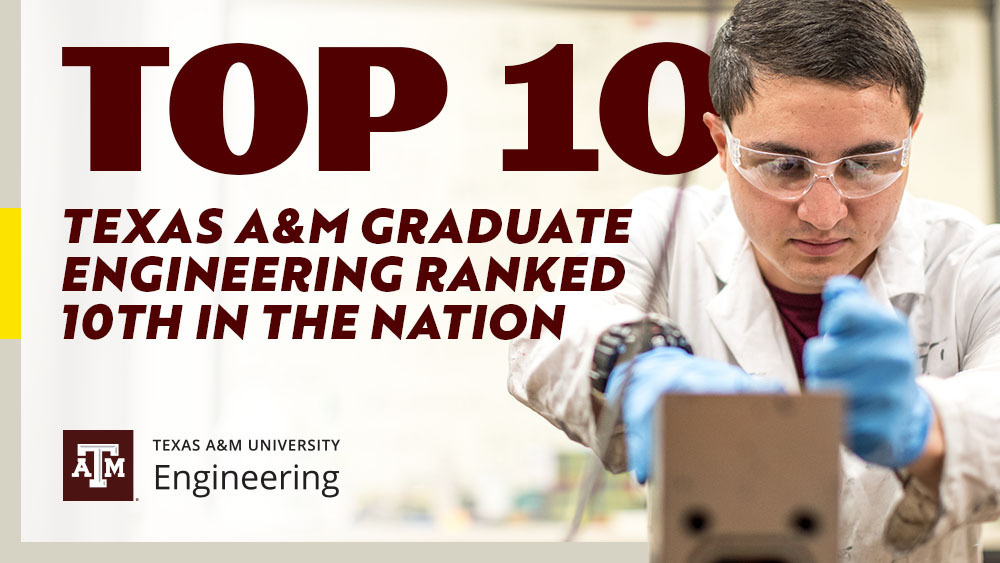 Text: Top 10 Texas A&M Graduate Engineering Ranked 10th in the nation. Student in a lab working on chemicals.