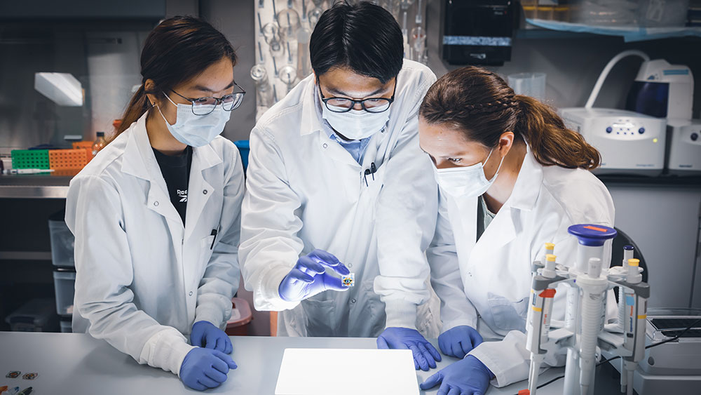 Two females wearing white coats standing around one male student wearing a white coat holding chip over a light box